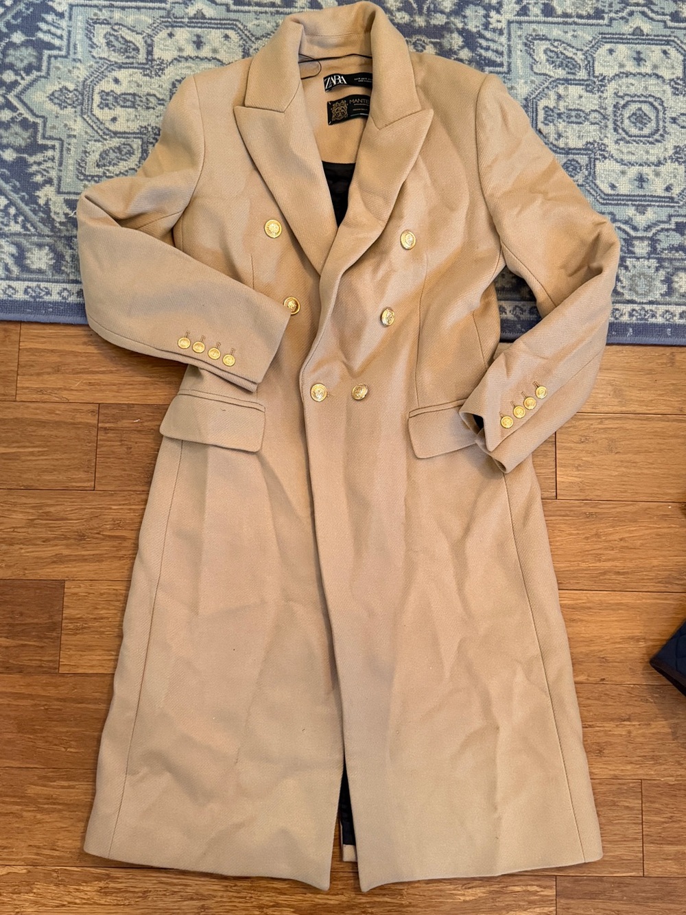 Zara Double-Breasted Camel Pea Coat with Gold Buttons